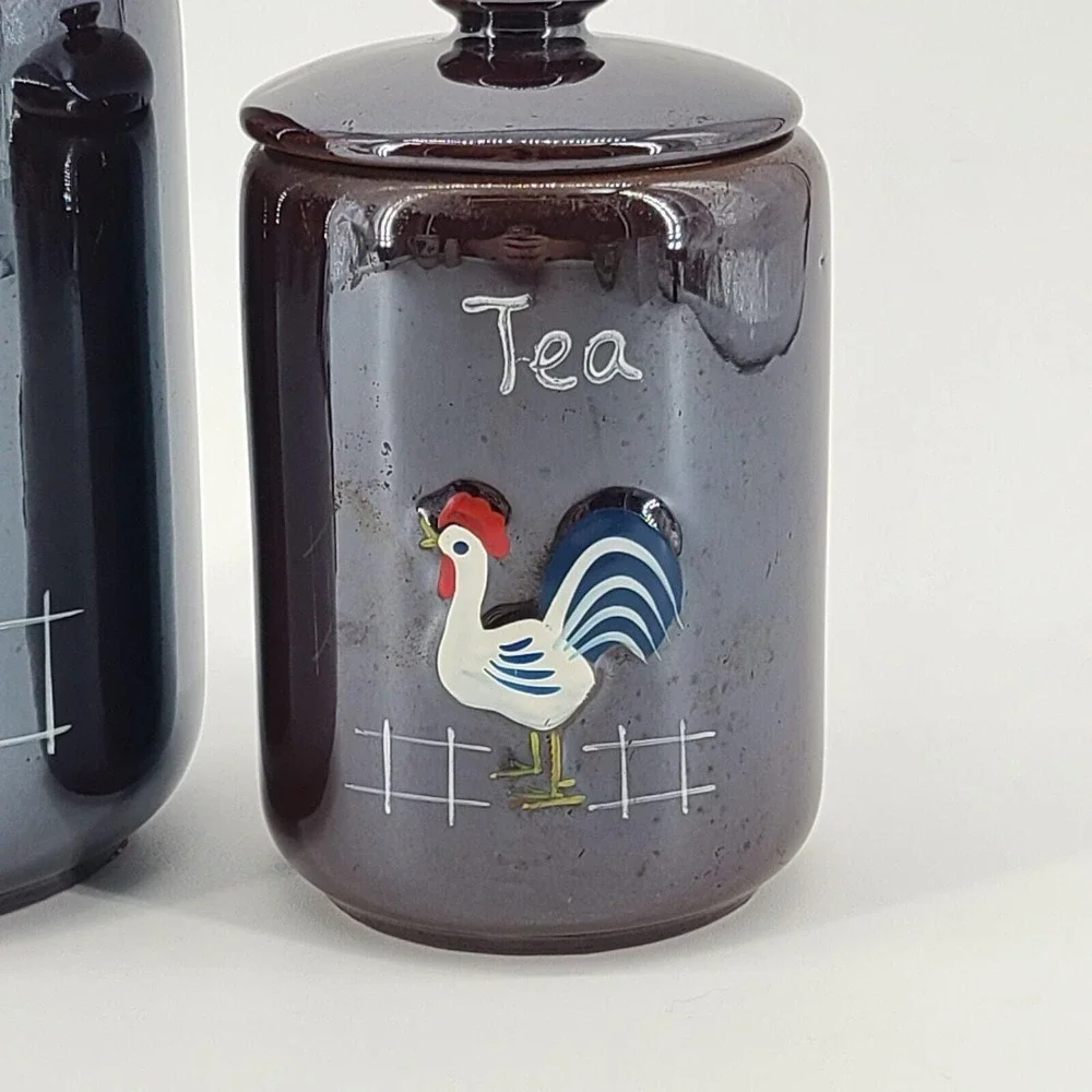 Ceramic Lusterware Hand Painted Rooster Canister Set Coffee Tea